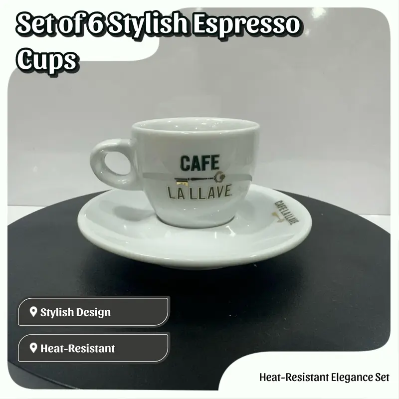 Elegant Set of 6 Espresso La Llave Cups with Saucers for Coffee Drinks - Stylish Design - Metal Stand or Capsule box are not Included Drinkware Tumblers Mug