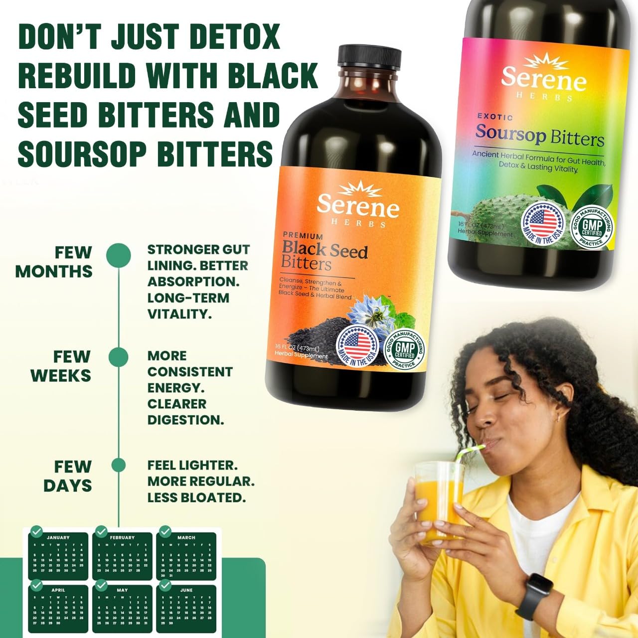 Serene Herbs Soursop & Black Seed Bitters Bundle | Organic Herbal Detox for Digestive Health Gut Healthy Booster Immune Support & Energy | Non-GMO, Vegan (32 fl oz, 16 fl oz Each)