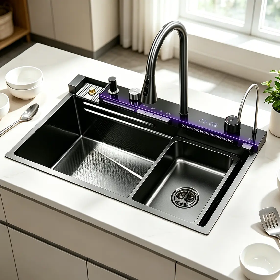 30-inch Smart Kitchen Sink Combo, Sink Unit Station with Digital Temp Display, Water-Powered Pull-Down Faucet (3 Spray Modes), Stainless Steel Complete Kit with Cutting Board, Colander, Soap Dispenser, Garbage Disposal Compatible, No Extra Parts Needed, W