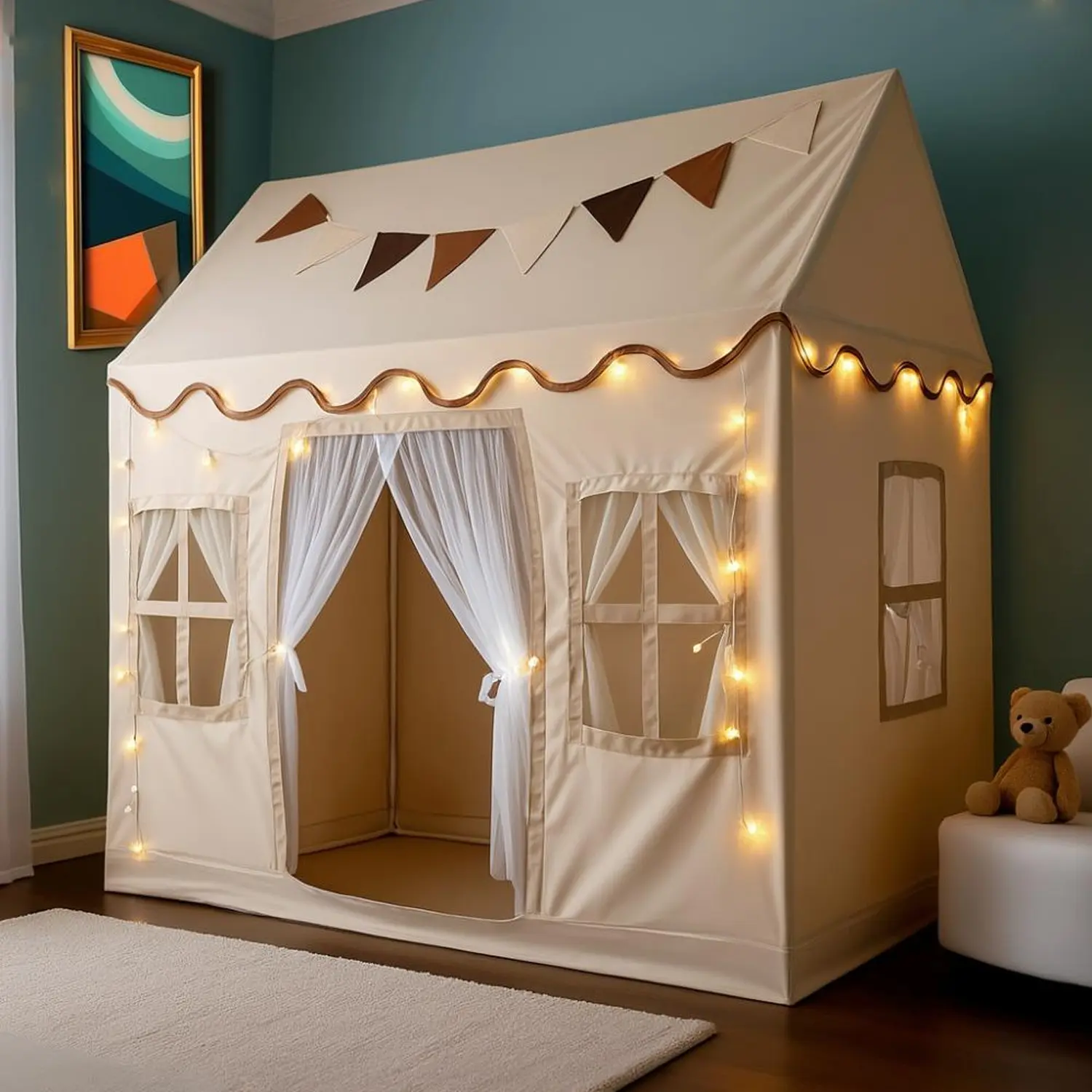 Tent Crawl Play Tent with Flag, Star Lights, Kids Playtent Indoor, Toddler Play Tent Large Outdoors for Kids Aged 3+, Toddler Teepee Play House with Windows
