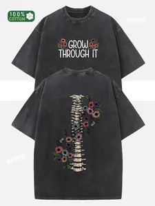 230g Washed Cotton Unisex T-Shirt - Dual-Sided GROW THROUGH IT & Floral Print, Retro Vintage Loose Fit Short Sleeve Top for Men & Women, Spring Summer Casual Wear boyfriend  tees