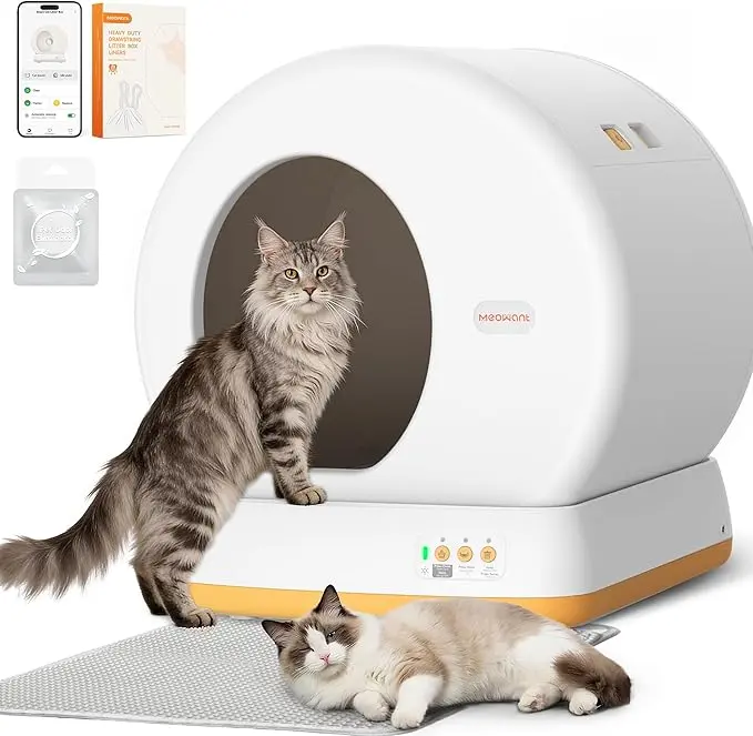 Meowant SC01 Large 57.6L Automatic Litter Box - Self-Cleaning, Clay-Based, Odor Control, Quiet Operation, App-Controlled, Auto-Safe Stop, Pee Guard, Mat, Liner Included, Safety Guaranteed for Multi-Pet Use, Self Cleaning Litter Boxes,back to school