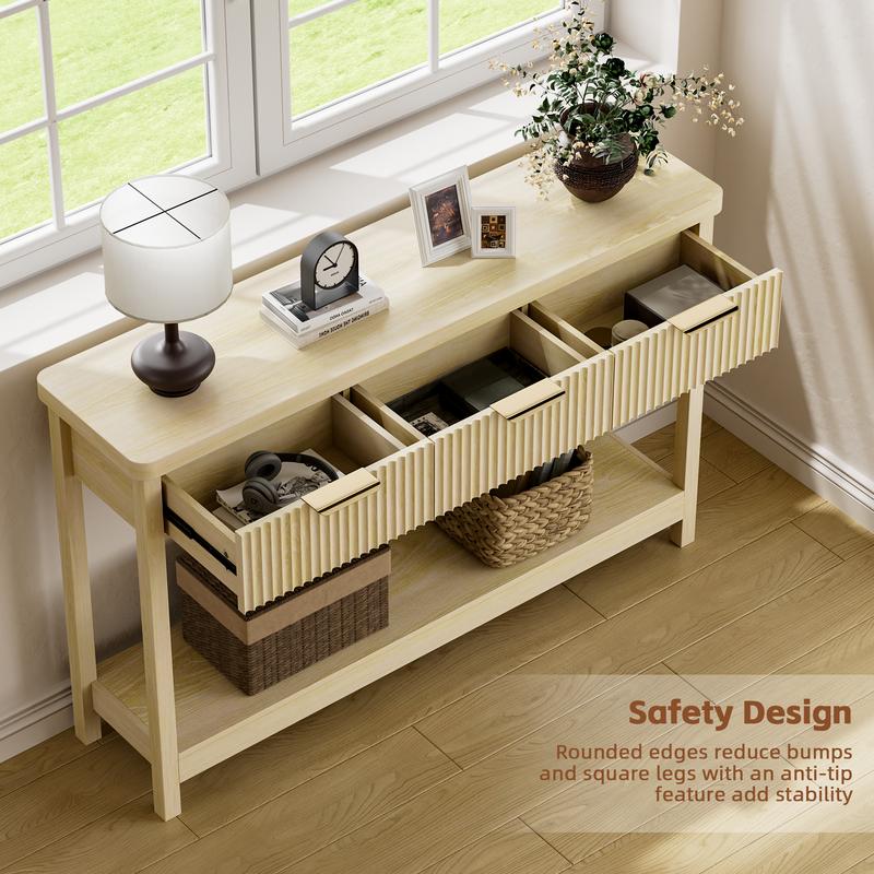 Aowos 51"Fluted Console Table with Storage, Entryway Table Sofa Table with 3 Drawers and Open Shelf, Modern Narrow Display Shelf for Hallway Living Room