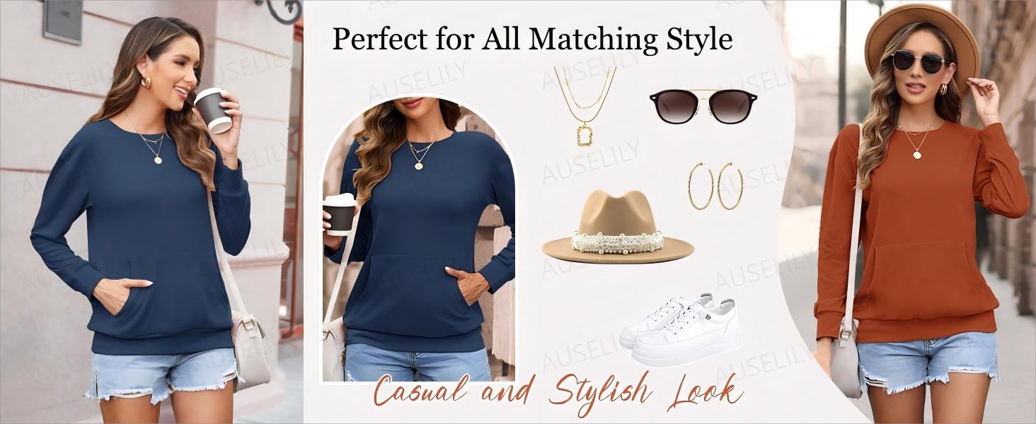 [Spring Restock] AUSELILY Women's Crewneck Hoodless Sweatshirt With Kangaroo Pocket  Fleece Longsleeve Oversized Casual Style Shirt  Lightweight Pullover 2026 SpringStatements