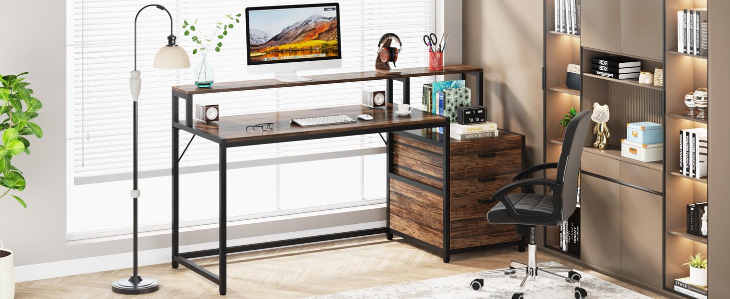 Tribesigns 63 Inch Computer Desk with File Drawer Cabinet, Ergonomic Office Desk with Monitor Stand and Ample Storage, Industrial Computer Table with Printer Space, for Home Office, Study, and Gaming