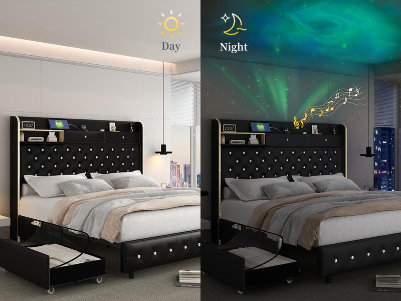 Sibeds Queen LED Bed Frame with Bookcase Storage Headboard, Galaxy Star Projector, 2 Storage Drawers, Noise-Free, Tall Tufted Headboard, No Box Spring Needed, PU Leather Black,Modern Design Home Interior Furniture