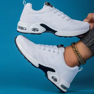 Comfortable Air Cushion Road Running Shoes Lace Up Shock Absorbing Breathable Flying Woven Sneakers For Women Outdoor Sports Fitness Jogging Walking Athletic Trainers, Padded, All Day, Grip, Tennis, Flexible