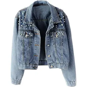 Women's Jean Embroidered Rivet Pearl Short Denim Jacket Coat Distressed Ripped Long Sleeve Button Up Vintage Western Trucker Jacket Frayed Hem Pockets