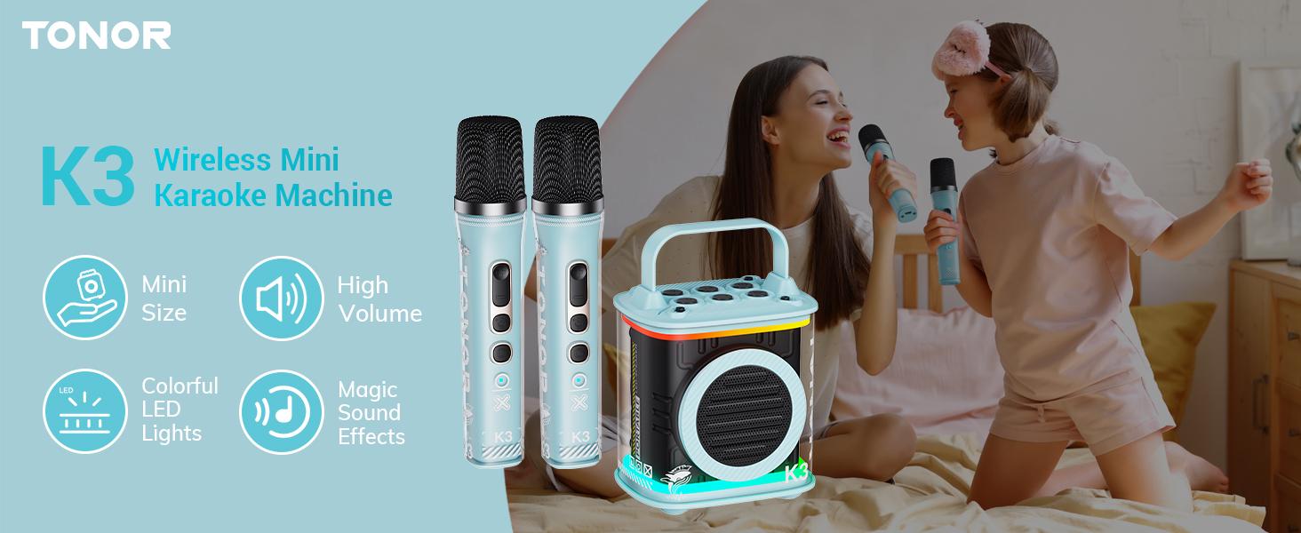 TONOR Mini Karaoke Machine with 2 Wireless Microphones, Portable Bluetooth Speaker, Colorful LED Lights, Ideal for Kids and Adults, Birthday Gift