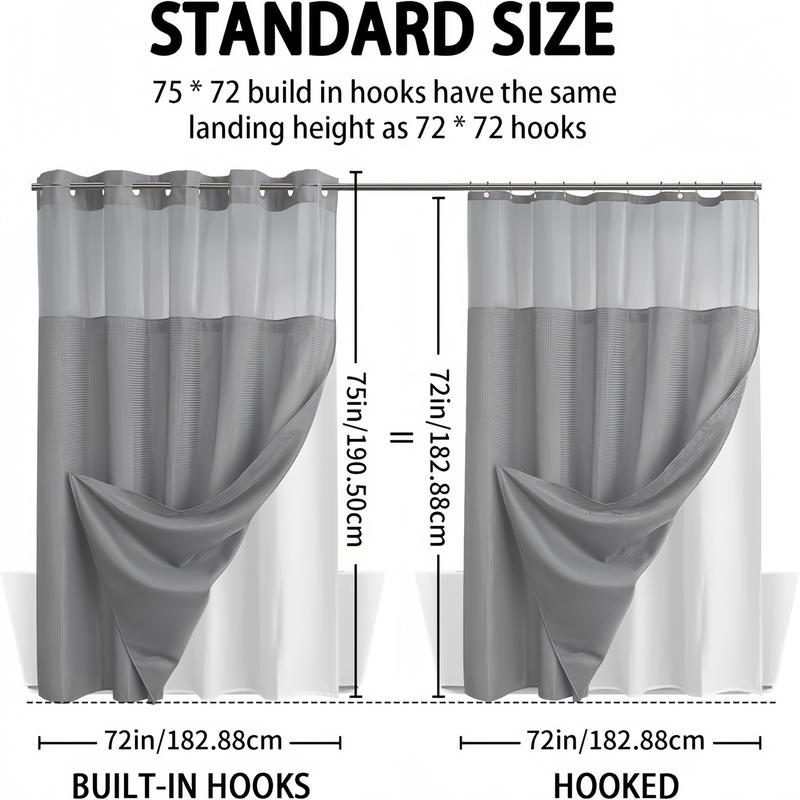 White No Hook Shower Curtain with Snap in Liner -grey Waffle-Pattern Shower Curtain Double Layer Shower Curtain -Fabric Waterproof Inner Liner,Bathroom Accessory for Home, Hotel, Salon & Dormitory Decor