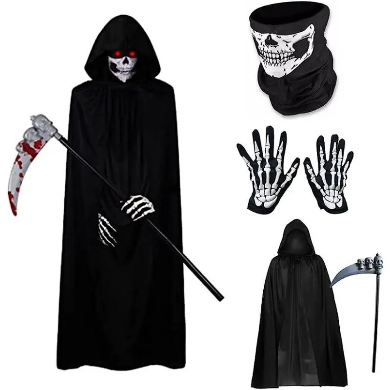 Halloween Grim Reaper Cape Set, 1 Set Including Cape & Gloves & Scepter & Hood, Cosplay Costume Accessories for Halloween Party