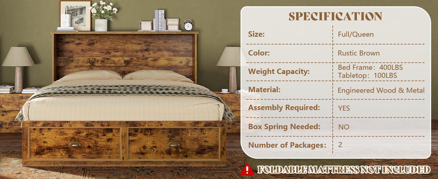 [Ships in 2 Boxes] VanAcc Murphy Bed, Farmhouse Cabinet Bed Frame with Charging Station and Storage Drawer for Bedroom/Office/Guest Room