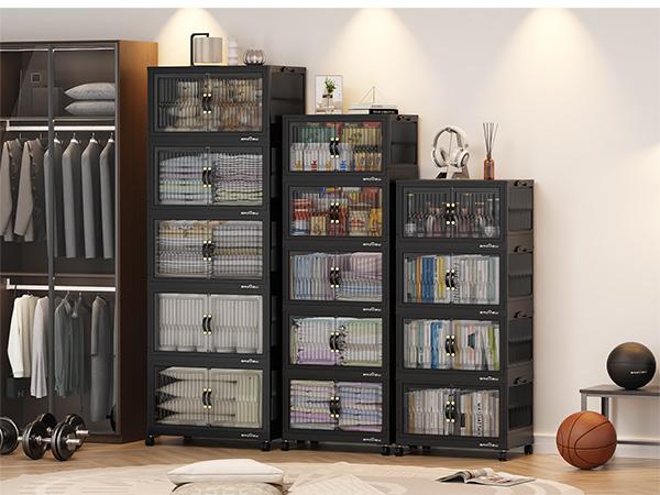 Broview V8 360Qt/480Qt/600Qt Stackable Storage Bins with Lids, Extra Large Closet Organizer Collapsible Drawer Boxes with Wheels, Folding Plastic Cabinet Containers for Home Kitchen Room Organization