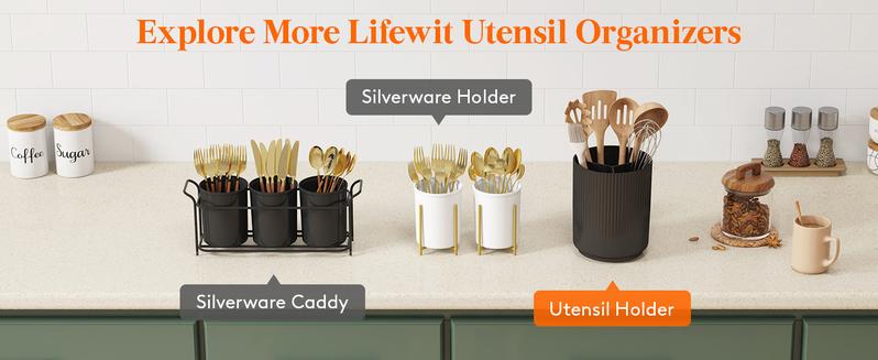 Utensil Holder for Kitchen Counter, Cooking Silverware Caddy with Non-Slip Rotating Base, Large 3 Compartment Plastic Spoon Spatula