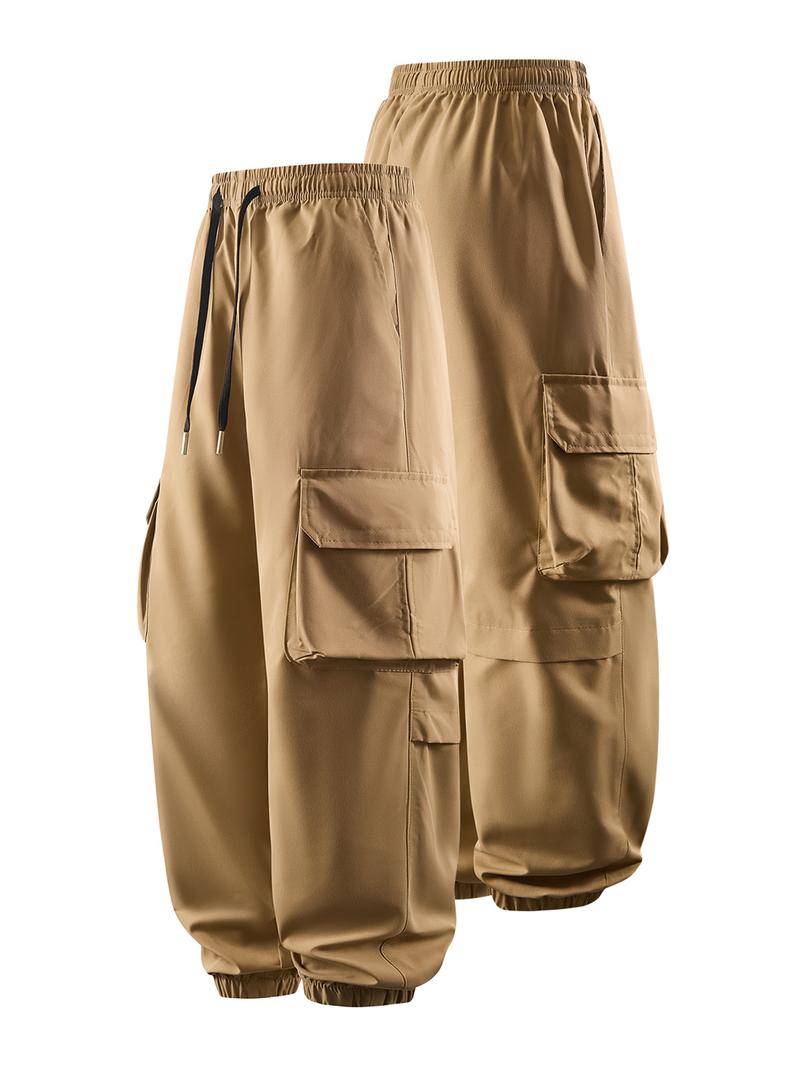 CCCMAI Men's Plain Drawstring Waist Cargo Pants, Casual Pocket Design Trousers for Daily Wear, Streetwear Men's Bottoms for All Seasons Menswear