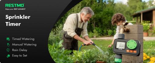 RESTMO Sprinkler Timer, Programmable Water Timer for Garden Hose, Automatic Control | Manual ON/Off | Rain Delay for Outdoor Faucet, Drip Irrigation and Lawn Watering System