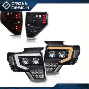 CROSSDESIGN Fit For 2009-2014 Ford F150 Pickup Dual LED Projector Headlights w/ Tail Lights