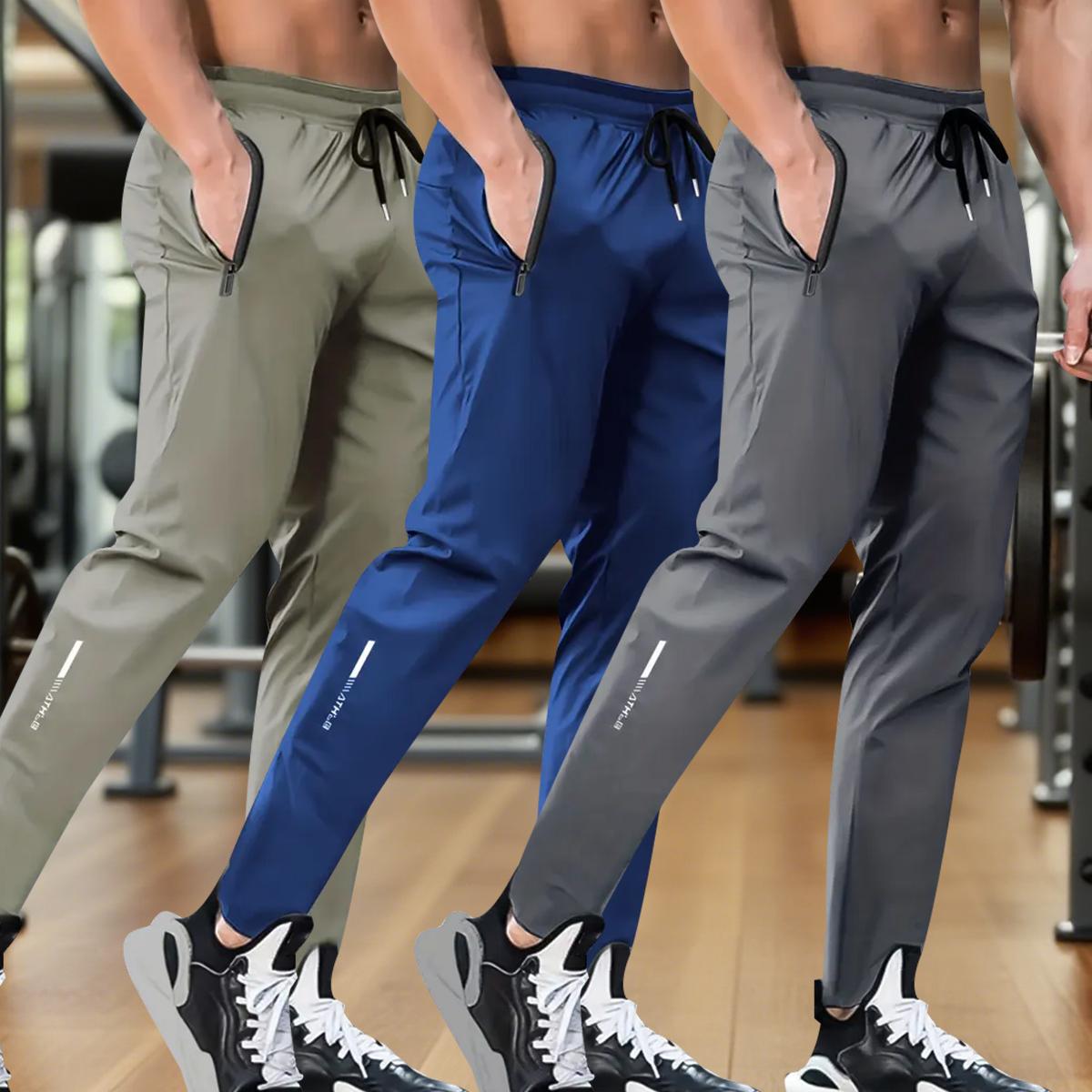 Men's 3-piece zipper pocket joggers - lightweight and breathable sports pants, loose gym workout pants, adjustable drawstring waistband, and multiple color options (khaki, blue, black, gray) suitable for casual and sports wear all year round