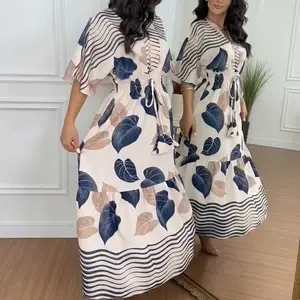 ChicMe Women's Tropical Leaves Print V-Neck Batwing Sleeve Shirred Waist Ruffle Hem Dress Casual Striped Spliced Tie Front Cinched Waist Vacation Dress