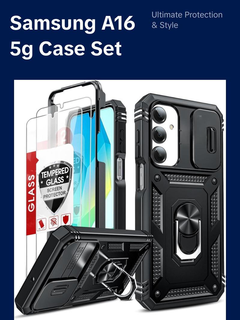 Sansumg Galaxy A16-5G Phone Case: Galaxy A16 5G Screen Protector [2 Packs] with Camera Cover, Military-Grade Heavy Duty Protection Cell Android Basic Funda para Samsung Galaxy A 16 5G Phone, Black