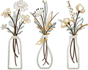 3-Pack Metal Flower Wall Art – Rustic Farmhouse Beige Floral Decorations for Living Room, Bedroom, Bathroom, or Dining Room – Minimalist Vase Design, Housewarming Gift