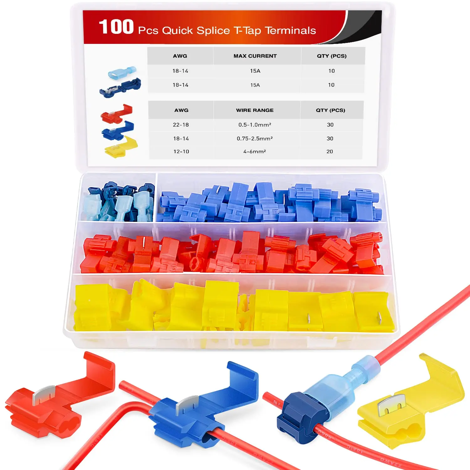 Nilight 100PCS Quick Splice Solderless Wire and T-Tap Electrical Connectors 22-18 18-14 12-10 AWG T Tap Insulated Terminal Assortment Kit Nilight 100PCS Quick Splice Solderless Wire and T-Tap Electrical Connectors 22-18 18-14 12-10 AWG T Tap Insulated Terminal Assortment Kit
