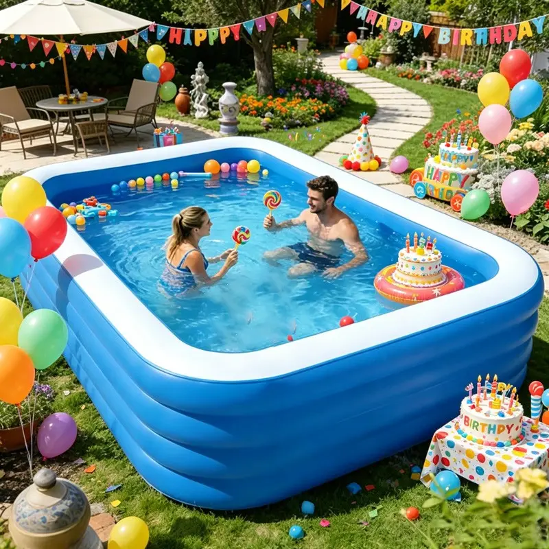 Inflatable Kiddie Swimming Pool with Soft Air Bottom Pad, 102 Inches, Blue Simple Design, Portable Quick Inflation, Durable Leak-Proof Material