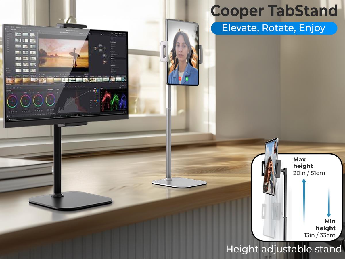 Cooper TabStand - Height Adjustable iPad/Tablet/ Portable Monitor Holder, metal/aluminium design, Fits Up to 17" Devices - Diagonal, 360° Rotate & Tilt, 4.4lb Holding Strength, Portable for iPad Pro, Mini, Air, Smartphone Adjustable Multi-Device Stand