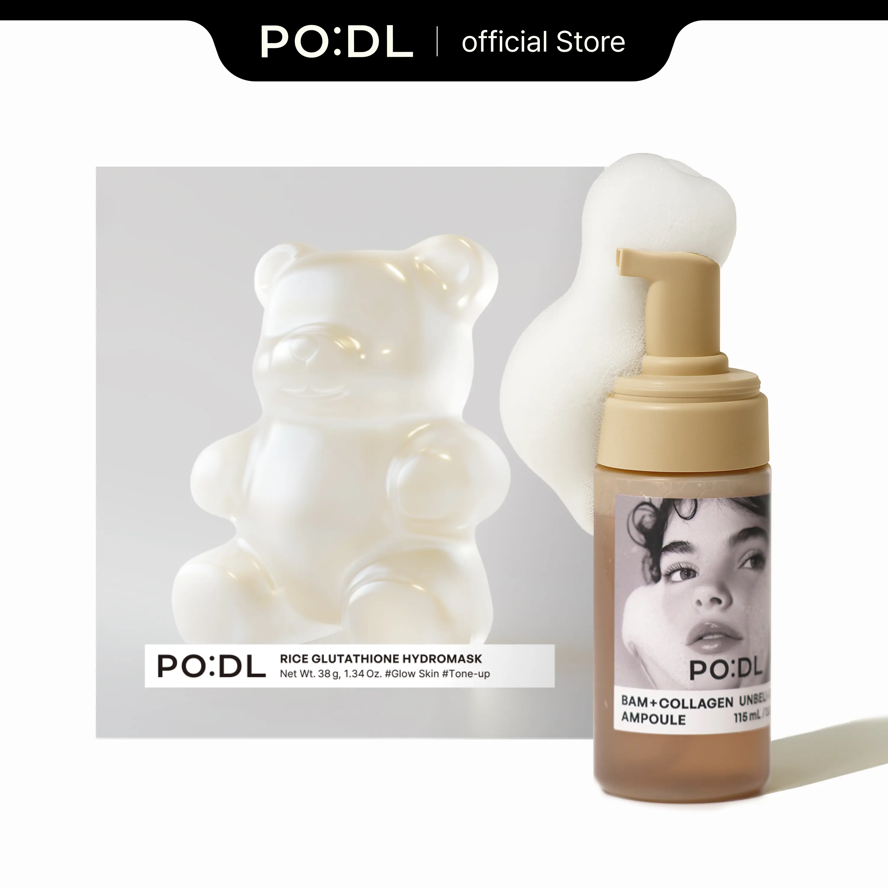 PODL Radiance Brightening Multi-Pack Duo Set - Collagen Bubble Serum & 4 Rice Hydrogel Masks, Gentle Hydrating Moisturizing Skincare for All Skin Types, Korean, Hydrate, Radiant Glow, Ceramides, Sensitive Safe, Niacinamide Rich, Moisturizer, Lightweight,,