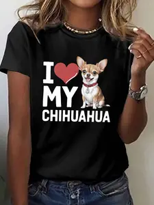 I MY CHIHUAHUA illustration print t-shirt, short sleeve crew neck casual top for summer & spring, Women's clothing