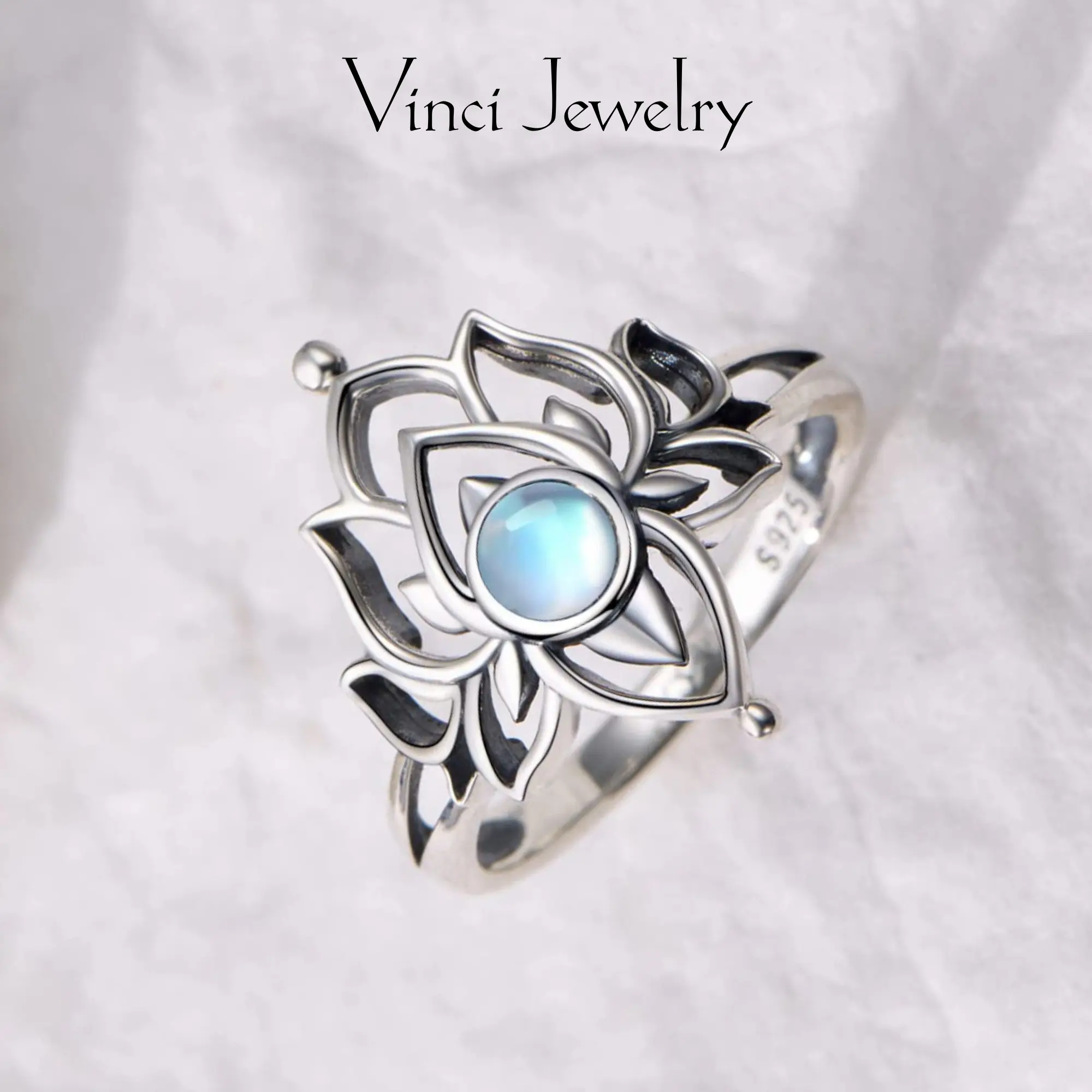 925 Steling Silver Moonstone Lotus Ring, Vintage Spiritual Growth and Enlightenment Jewelry, Symbol of the Goddess Heqet, Pagan Symbol, Synthetic Moonstone Lotus Flower Jewelry Gift for Mom Girlfriend, Mother's day Gift