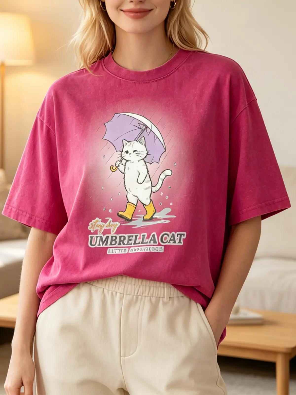 Cute Cartoon Umbrella Cat Graphic T-Shirt Oversized Summer Tee 100% Cotton Streetwear Top Unisex Retro Drop Shoulder For Women Men Casual Crew Neck Tee Baggy Coordinate