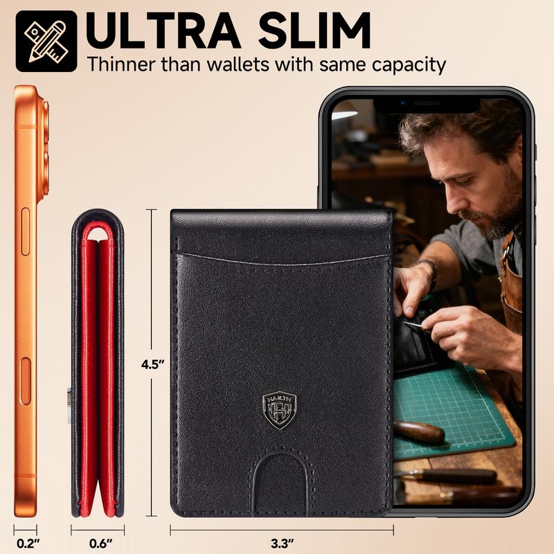 HAILTH Men's RFID Blocking Slim Bifold Leather Wallet - Top Layer Cowhide, 12 Card Slots with Concealed ID Window, 0.8'' Ultra-Thin Front Pocket Design, Premium Gift Box Packaging - Great for Father's Day, Daily Carry & Back to School