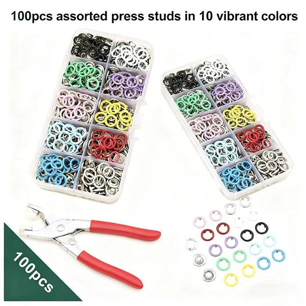 100PCS Metal Snap Buttons with Hand Press Pliers Set, Sewing Accessories Kit for DIY Clothing, Hats & Crafts, Seamless Fastener Tool Set