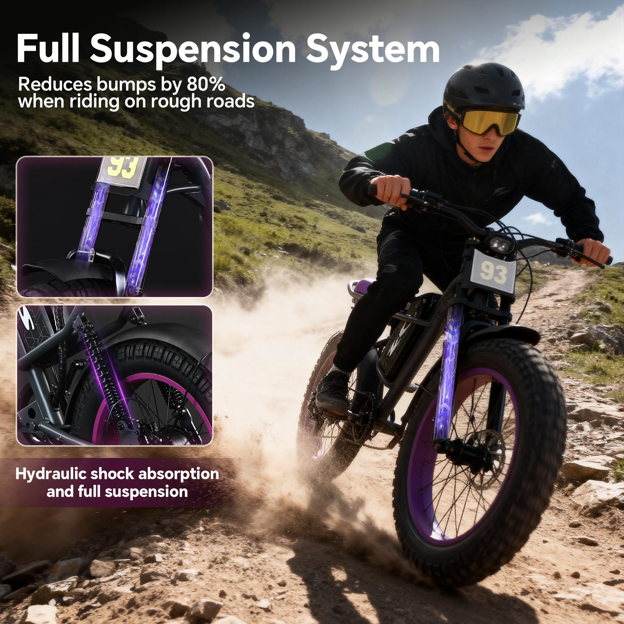 Upgraded electric bicycle with high carbon steel frame, hydraulic shock absorption, full suspension system, top speed of 32mph, 48V 1500W motor, riding assistance range of 40-70 miles, 20 * 4.5-inch all terrain tires, snow tires, off-road motorcycle