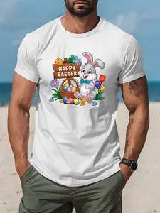 Men'S Easter Bunny & Egg Print Short Sleeve T-Shirt | Happy Easter Bunnies & Chicks Design with Bunny Ears, Breathable Round Neck, Casual Summer Beachwear, Spring Festival Party Outfit, Lightweight, Crew Nec A312