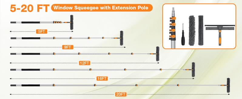 Adjustable Window Squeegee with 5-20ft Telescopic Pole 14" Oversized Head 2-in-1 Cleaning Kit for High Windows Glass RV Orange