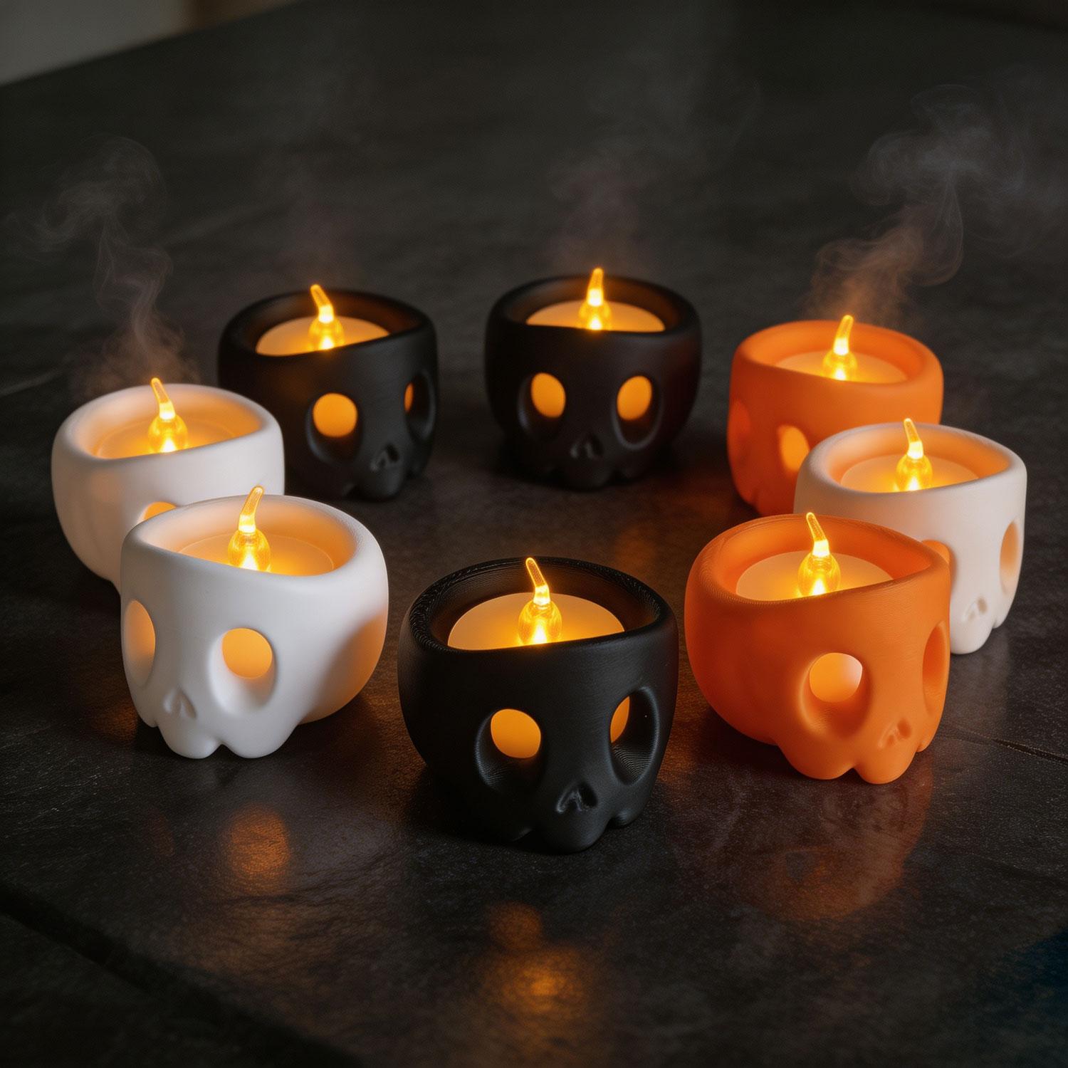 3D Printed Skull Tealight Candle Holder Set, Halloween Spooky Skeleton Candle Holders, Gothic Home Table Decor for Halloween Party Decoration