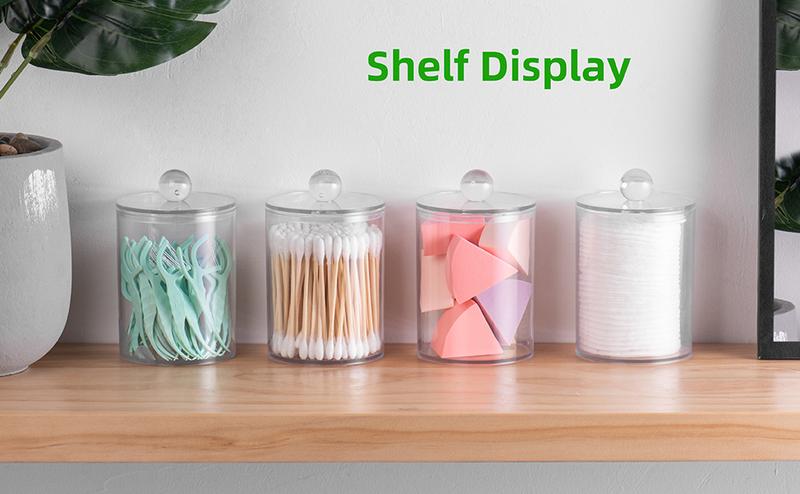 4pcs Swab Holder & Organizer Box - Clear Plastic Jars with Pre-Printed Cotton Balls, Cotton Swabs, Floss Picks & White Labels - Dustproof & Stylish Bathroom Storage