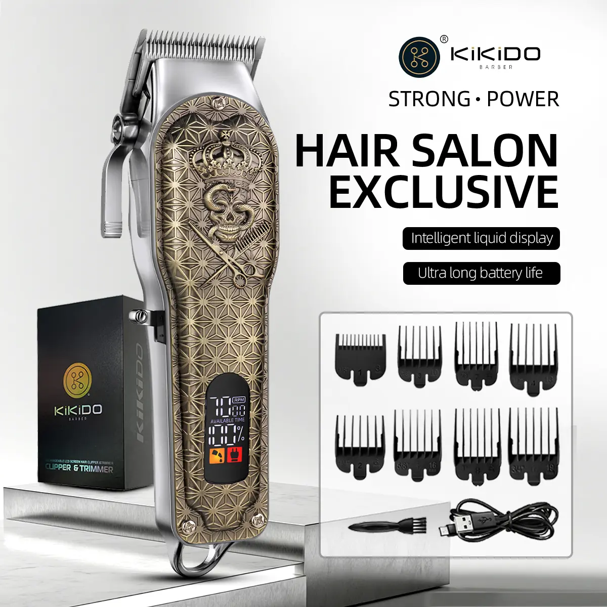 Kikido Professional Hair Clipper Kit - Strong Motor, LCD Screen, 8 Combs, Women's Hair Trimmers, Salon-Use Barber Equipment