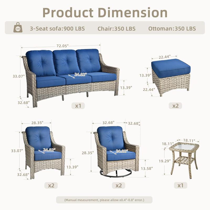 Outdoor Wicker Patio Furniture Set 8-PCS with A 3-Seat Sofa, 2 Swivel Rocking Chairs, 2 Armchairs, 2 Ottomans and 1 Side Table Patio Conversation Set for Comfortable Outdoor Space