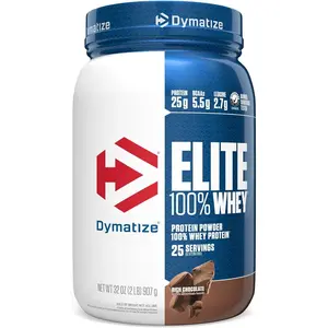 Dymatize Elite 100% Whey Protein Powder, Chocolate, 25g of Protein, 5.5g BCAAs, Less Than 140 Cal., Gluten Free, 3g Carb, 2g Sugar, 3g Fat (25 Servings)