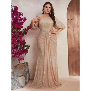 Women's Plus Size Off Shoulder Ruched Sequin Formal Dress Elegant Prom Evening Wedding Guest Gown For Graduation Dinner Womenswear Workwear
