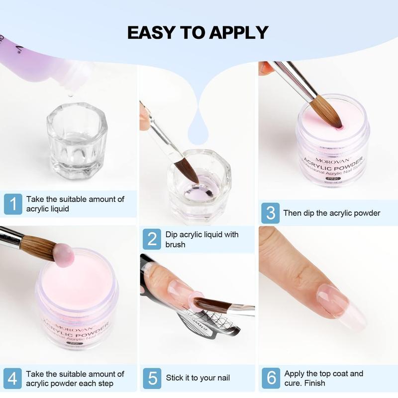 Acrylic Nail Kit: Clear Pink White Powder and Professional Liquid Set for Nail Extension - DIY at Home With Brush for Beginners