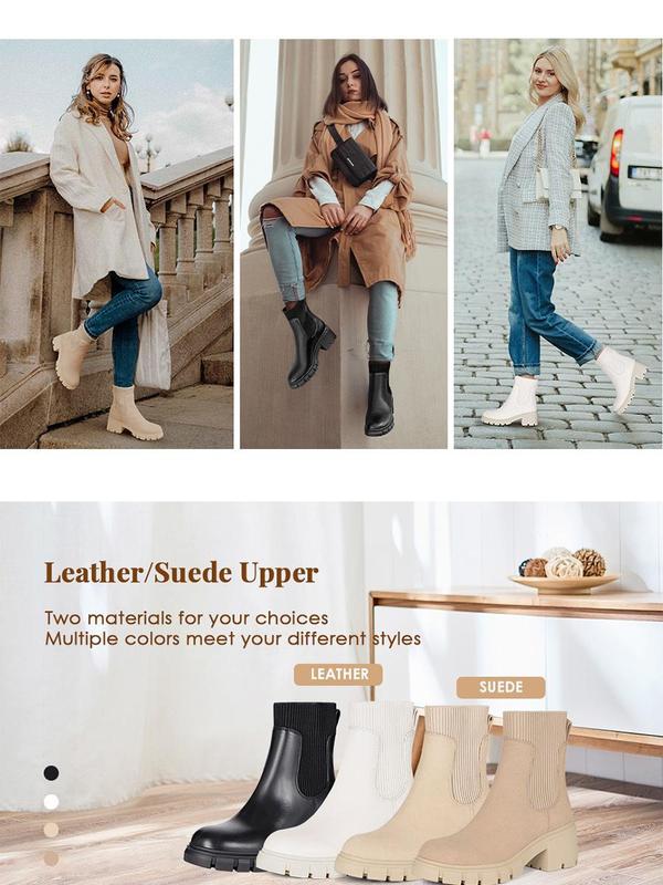 Athlefit Womens Chelsea Ankle Boots Elastic Slip on Lug Sole Platform Chunky Heel Booties Shoes boots  women Footwear Comfort Beige Girl