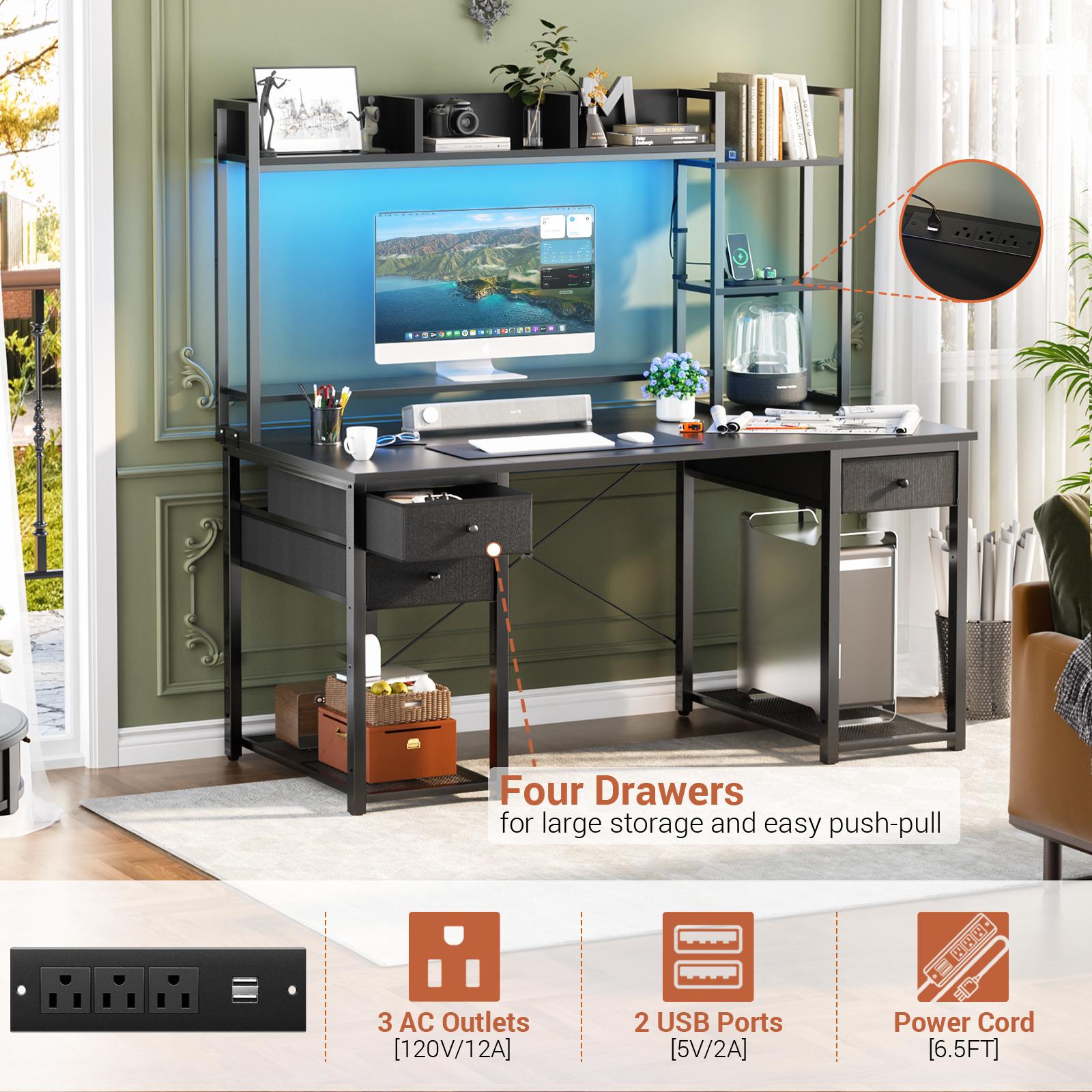 Cyclysio 47/55 inch Computer Desk with Power Outlets, Gaming desk with LED Lights, Home Office Work Desk with Monitor Shelf, Modern Office Desk Study Writing Table for Small Spaces