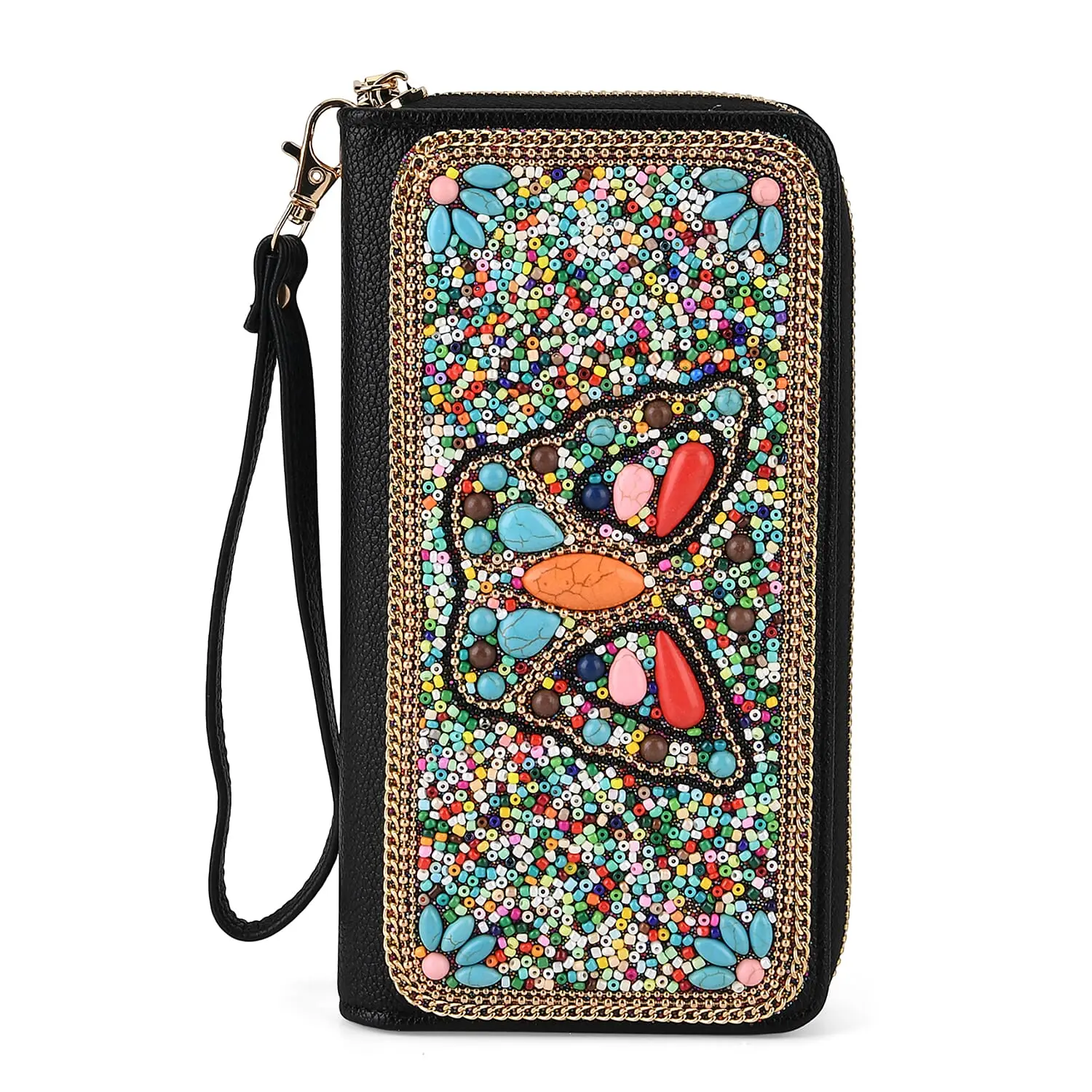La Marey Bohemian Multi Color Beaded Butterfly Faux Leather Women's Wallet (3.94"x7.68"x0.98")