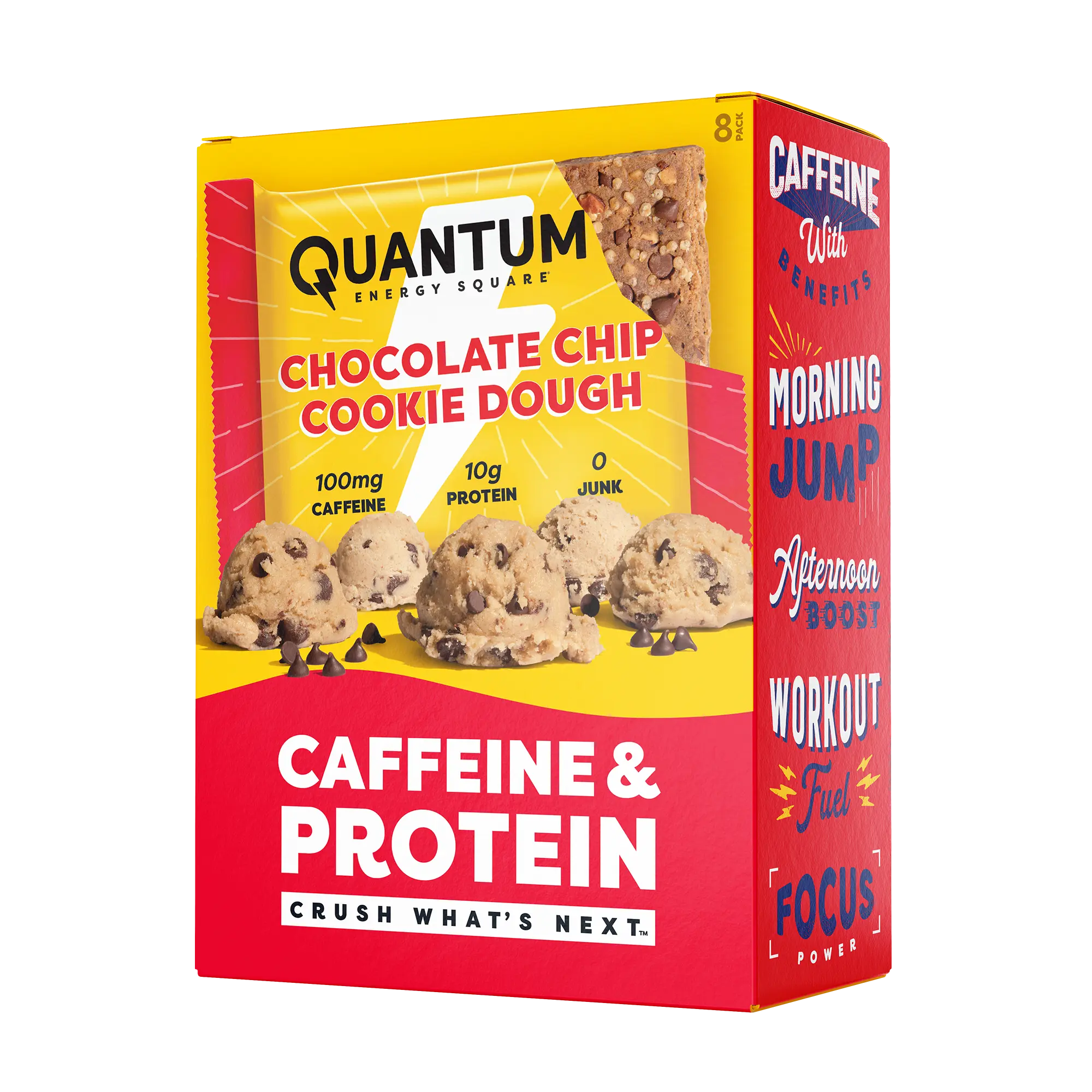 Quantum Energy Square Healthy Protein Energy Bars Chocolate Chip Cookie Dough 8Pk Snack - Organic Caffeine with Balanced Macronutrients, 10g Plant-Based Protein, Vegan, Gluten-Free, Non-GMO