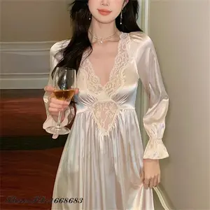 Female Long Nightdress Retro French Court Style Princess Nightgown Sleepwear Spring Autumn Loose Rayon Home Clothes Lounge Wear Womenswear Loungewear