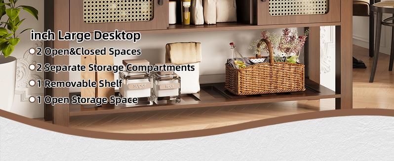 [Clearance Sale] AECOJOY Modern Buffet Cabinet Coffee Bar Storage with Rattan Barn Doors Adjustable Shelves & Bottom Open Shelf for Dining Room Kitchen Hallway